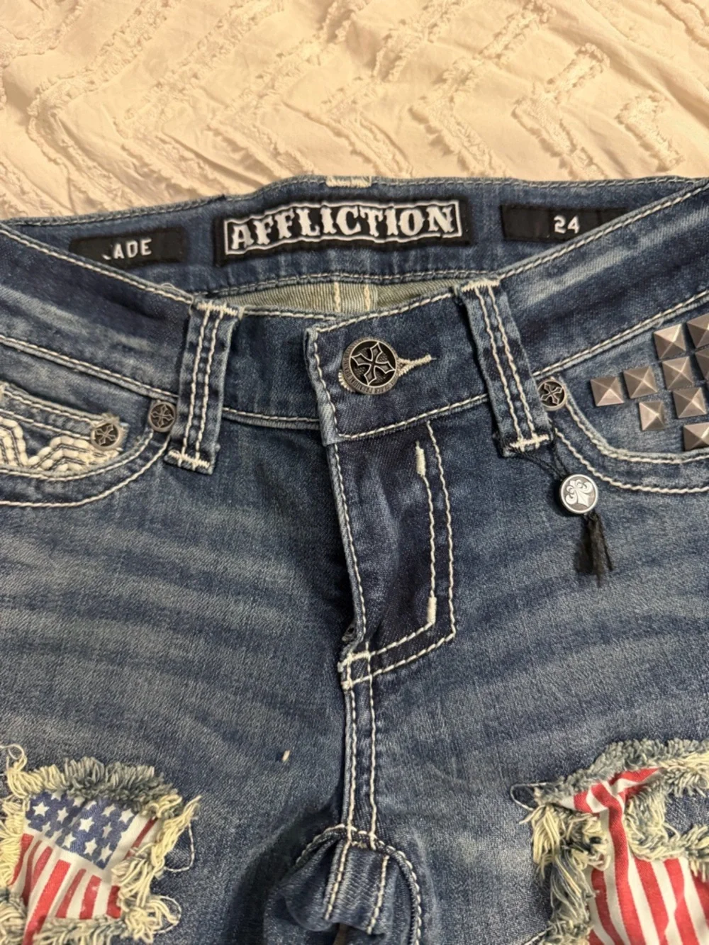 Affliction Women's Blue Distressed Flag-Panel Straight Leg Jeans - Picture 2 of 4